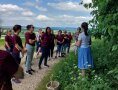 Die Kräuterexpertin steht vor den Studierenden auf einer Wiese, ein Korb steht neben ihr