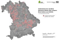 Bayernkarte mit rot eingezeichneten Gebieten und Schriftzug 'Gebietskulisse der mit Nitrat belasteten Gebiete' 